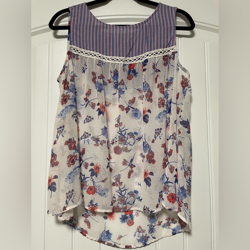 Valerie Stevens Womens Semi Sheer Top Blue Floral Design